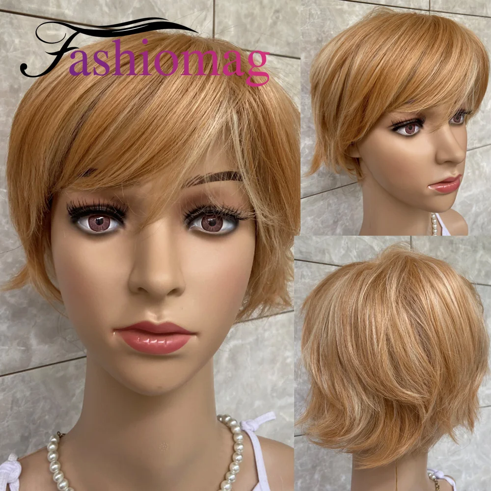 Fashiomag Short Straight Hairstyle Blonde Mix Human Hair Blend Heat Ok Wigs For White Women Soft Natural Daily Use