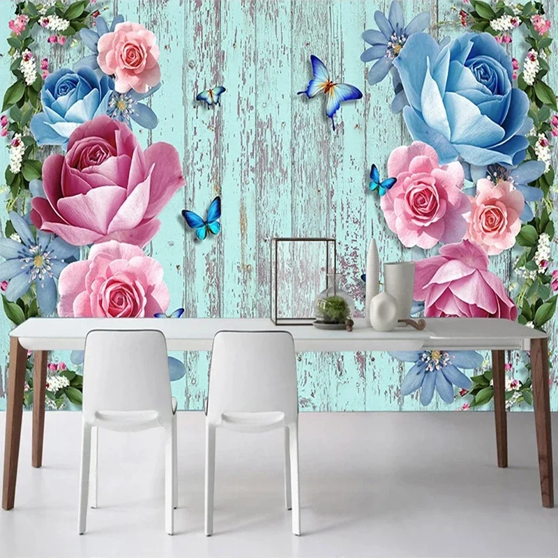 

Custom Mural Wallpaper Modern Vintage Blue Wooden Plank Floral Background Wall Painting Living Room TV Sofa Home Papel De Parede