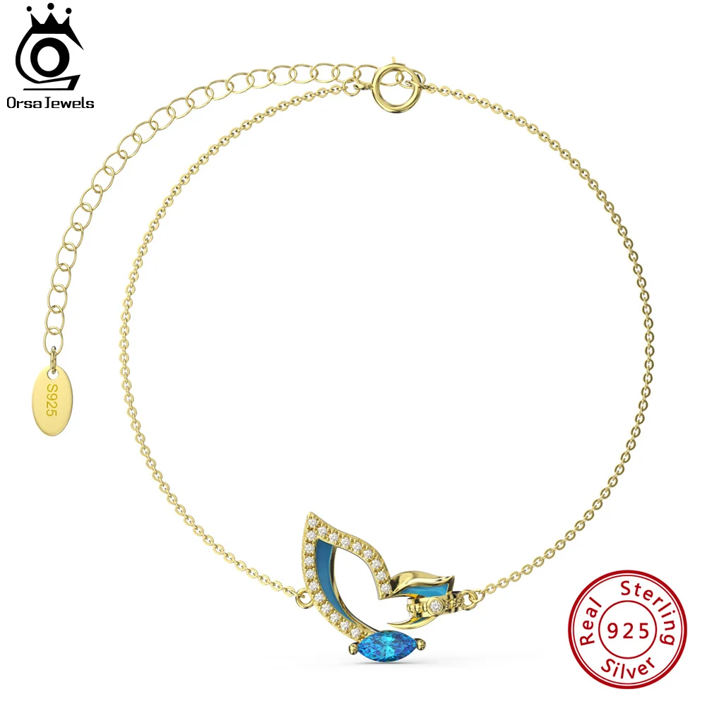 ORSA JEWELS 14K Gold 925 Sterling Silver Butterfly Bracelet Chain Bracelet for Women Elegance Blue Zircon Bracelet Jewelry EQB20