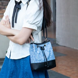 Denim Denim Bag Fashion Portable Printing Retro Crossbody Bag Simple Nylon Denim Bucket Bags