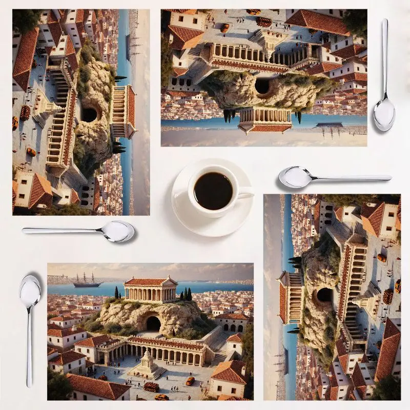 

4-piece placemat set, artistic cityscape design, easy to clean, rectangular home decor, perfect for festive dining.