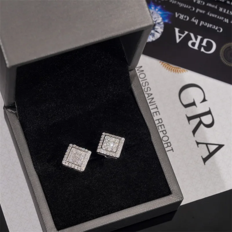 925 Silver 10.2mm D Color Moissanite Square Stud Earrings Screwback Women Men Hiphop Iced Diamond Princess Earrings Pass Tester