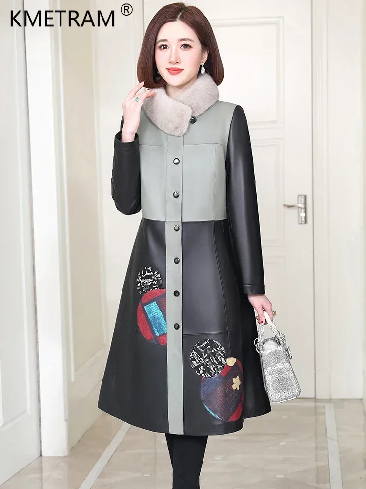 Echt Leder Jacke Frauen Echtem Schaffell Lange Unten Mäntel 2023 Herbst Winter Luxus Nerz Pelz Kragen Über Mantel Roupas Femininas