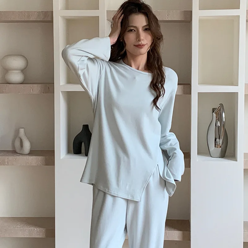 

American Retro style minimalist women's solid color Cutie slit design Warm suit loose fitting emo pullover home wear pajamas set