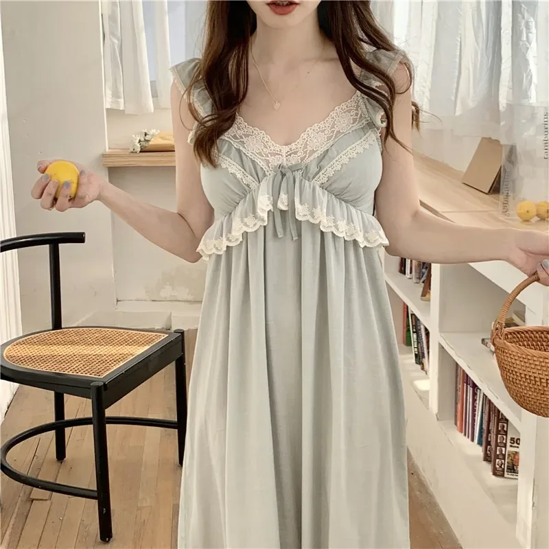 Korean Cute Princess Lace Summer Nightgown Spaghetti Strap Ruffles Long Sleepdress Home Wear Women Nightdress Green Cotton S207