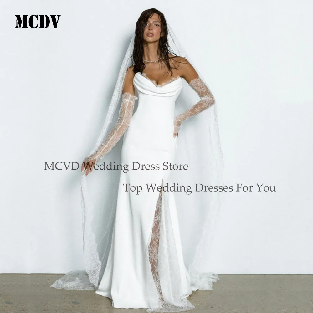 MCDV Elegante Meerjungfrau Braut Kleider Für Frauen Abnehmbare Ärmel Satin Spitze Hochzeit Party Kleider Side Split Braut Kleid Angepasst