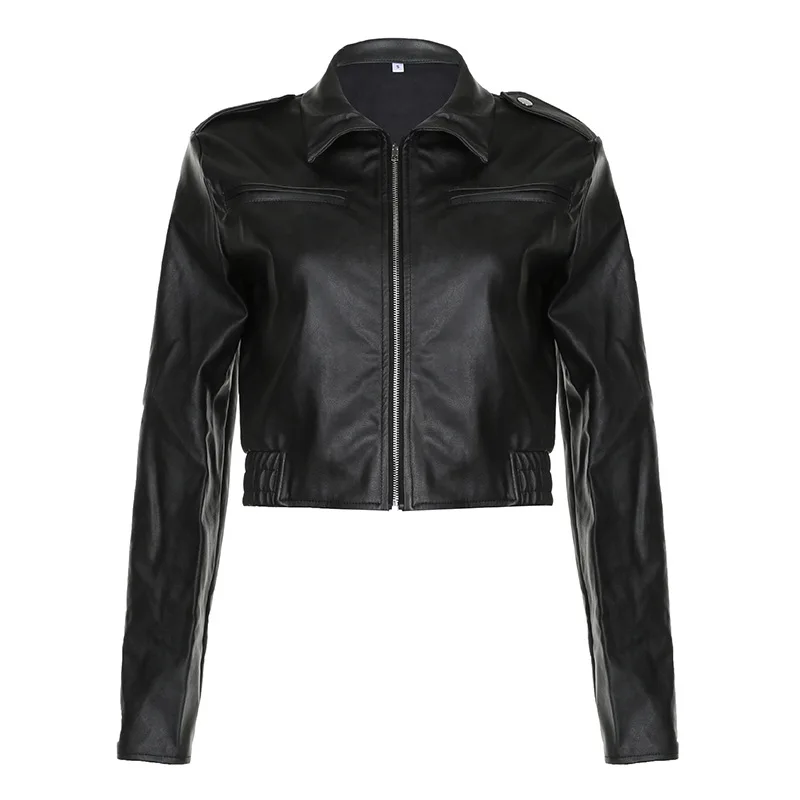 Solid Color Zipper Short Leather Jacket Women Crop Top American Leather Coat 2023 Spicy Girl Street Motorcycle Style Casual Top