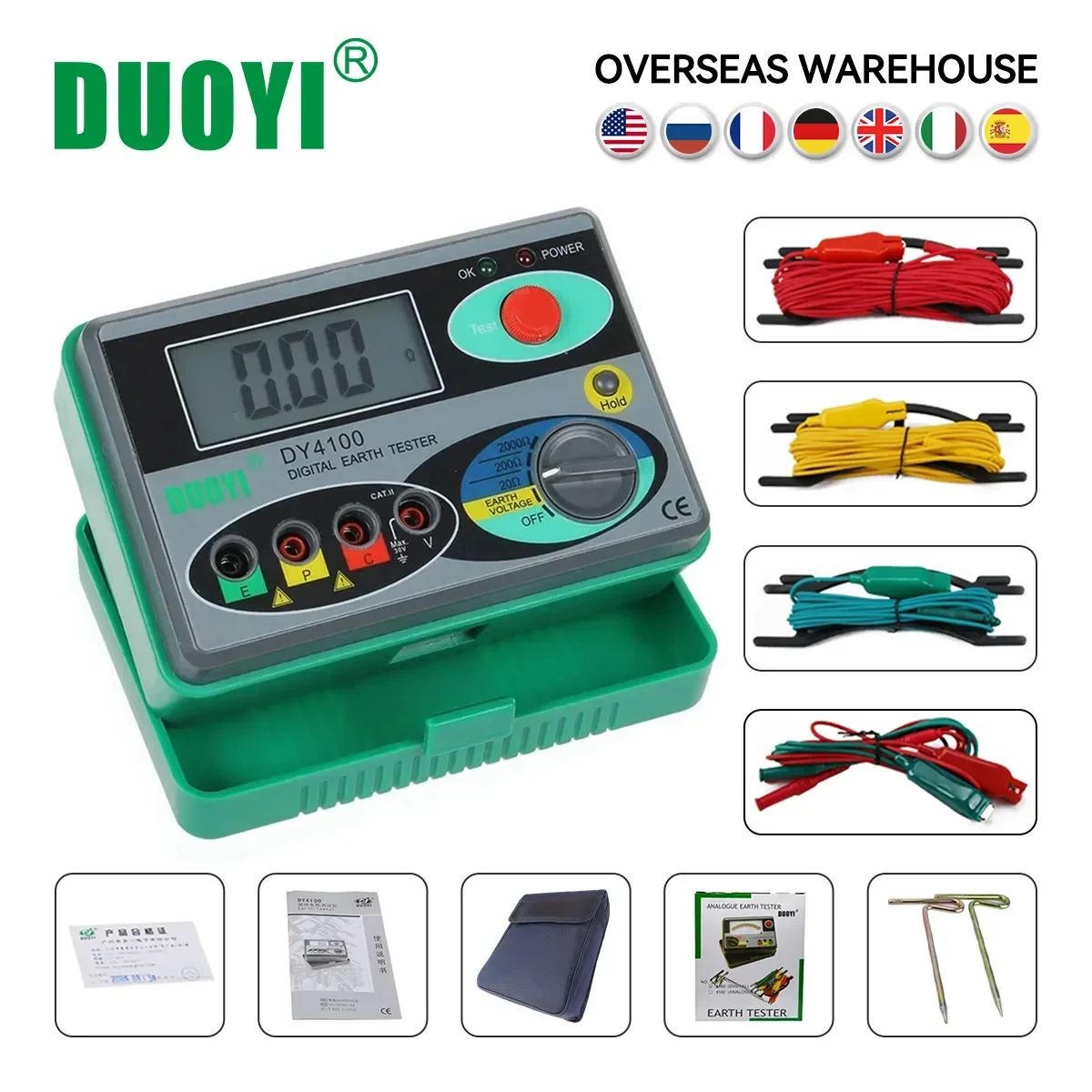 DUOYI DY4100 Megohmmètre numérique véritable, kit d'outils de mesure de résistance de terre, testeur de résistance numérique 0-2000 Ohm, multimètre de mesure de terre avec une plus grande précision, kit d'outils d'inspection des systèmes d'alimentation
