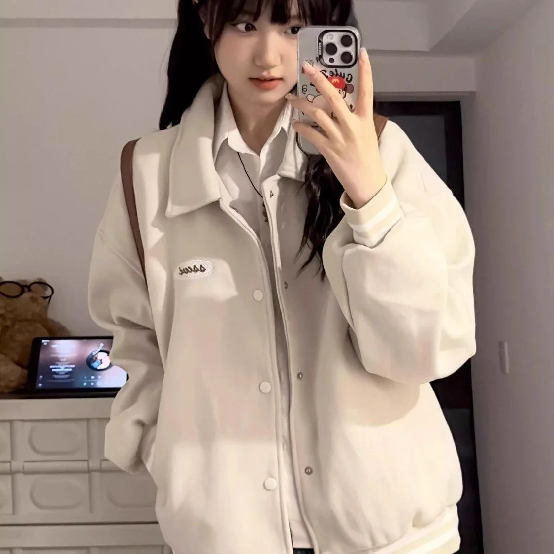 

Denim Washed Vintage Crop Blue Loose Oversized Comfort Basic Western Campus Streetwear College Style Trendy Button-Up Fashion