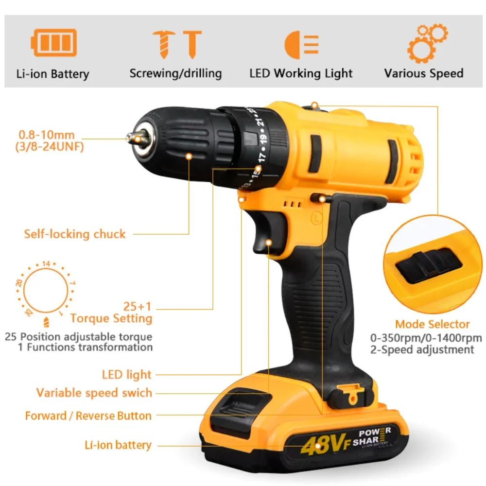 48V 1000W Electric Impact Drill 3 In 1 Electric Cordless Lithium-Ion Battery Mini Electric Power Screwdriver 2 Speed Power Tools