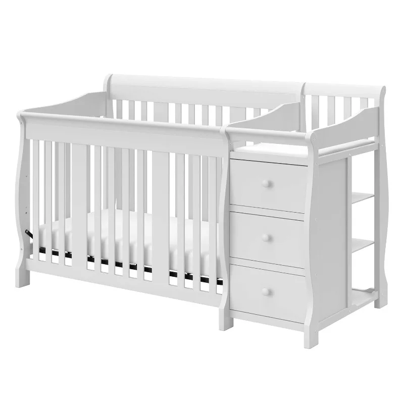 Portofino 5-in-1 Convertible Crib and Changer (White) – Changing-Table Combo with Drawer, Converts to Toddler Bed