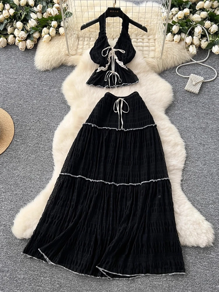 

Sexy Backless Lace up Strapless Camisole+Lace up Elastic Waist A-line Maxi SKirt 2-piece Sets New SKinny High Waist Fashion Suit