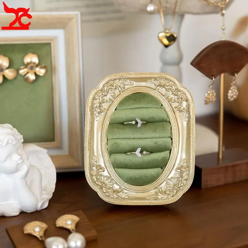 

Vintage Gold Standing Velvet Photo Frame Rings and Earrings Display Stand with Artistic Lace Design Available in Multiple Colors
