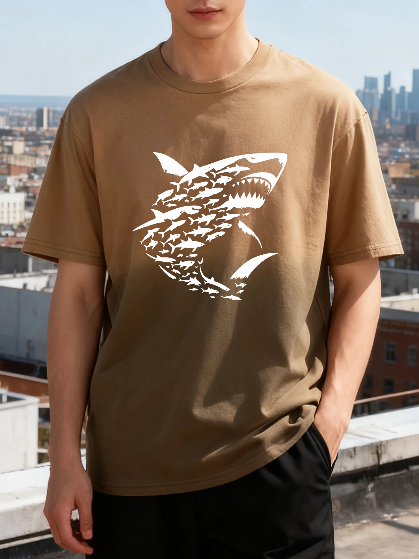 

A Large Shark Composed Of Many Small Fish T-Shirt Mens Sport Sunmmer Clothing Fashion Cotton Tops Unisex Crewneck Sportswear