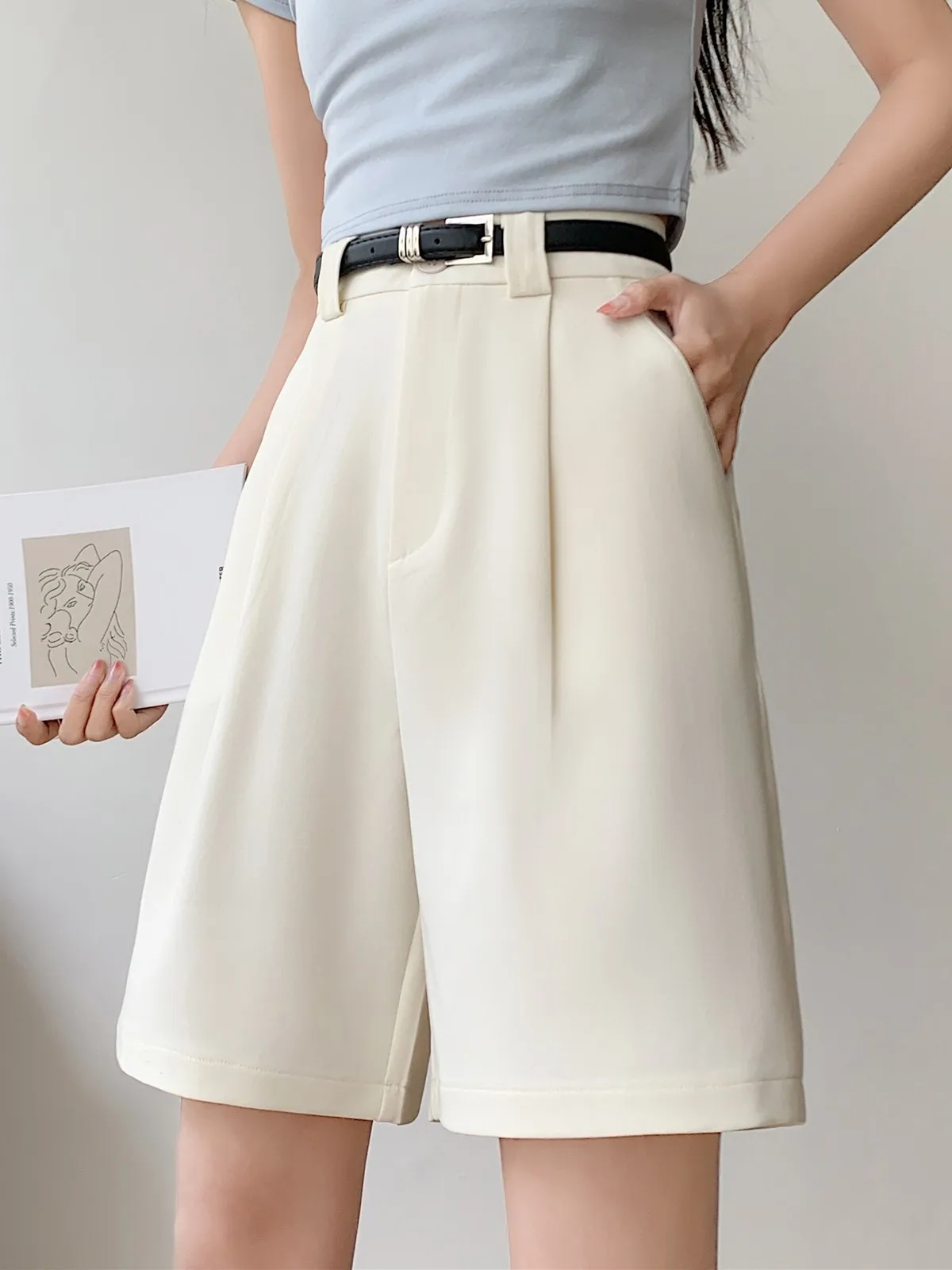 ZHISILAO New Casual Knee Length Shorts Women Office Wear High Waist Wide Leg Shorts Summer 2023