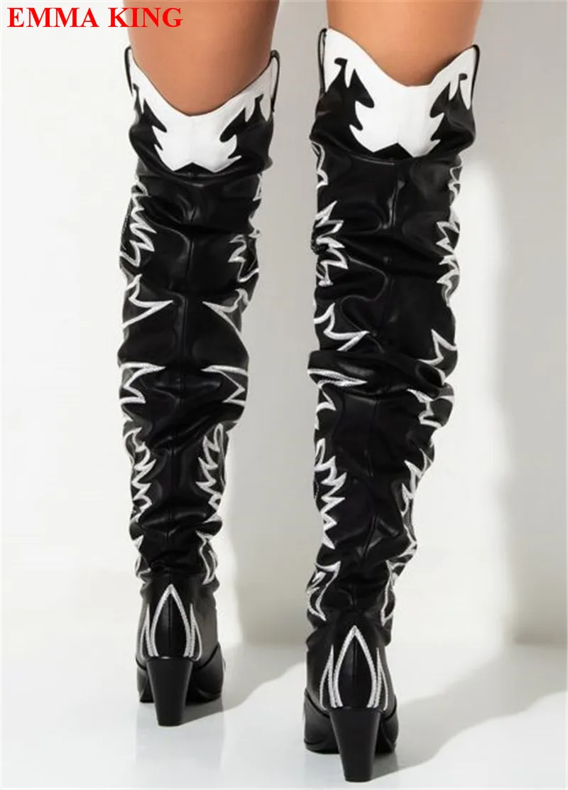 أسود أبيض Emborider كاوبوي أحذية للنساء حذاء بكعب سميك الفخذ أحذية عالية أشار تو فوق الركبة أحذية عالية الكعب امرأة