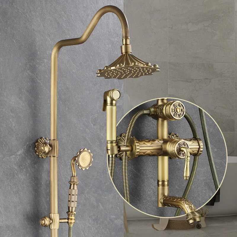 

Antique Bronze Carved Bathroom Shower Faucet Set Wall Mounted Bathtub and Shower Faucet Cold & Hot Bath Shower Mixer Tap Brass