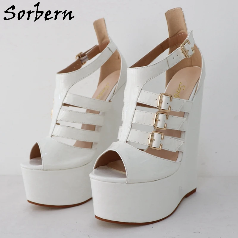 

Sorbern White Shiny Fetish Sandals Women Narrow Back Unisex Platform Summer Sandals Taking Photos Big Size Custom Colors