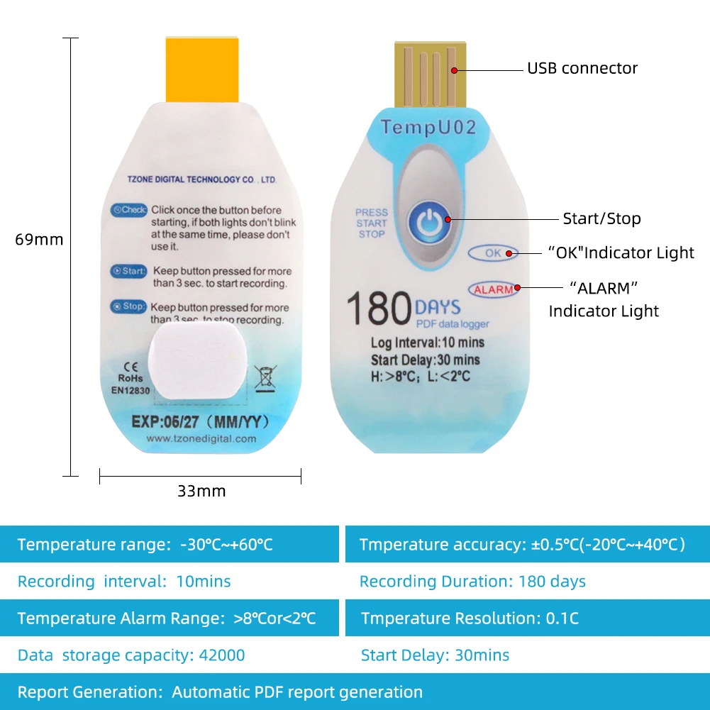 مسجل بيانات درجة الحرارة USB مسجل بيانات درجة الحرارة والرطوبة استخدام واحد منفذ USB 10000 نقطة تقرير ملف PDF 120/180 أيام