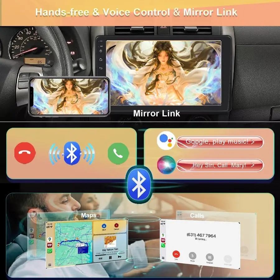 ستيريو سيارة فردي مع Apple Carplay لاسلكي، راديو FM للسيارة بلوتوث 5.2، 1024600 IPS شاشة كبيرة تعمل باللمس، Android Auto،