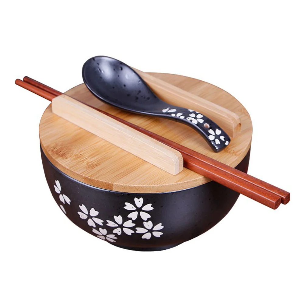 

Black Ceramic Bowl Kitchen Home Japanese Style Dustproof Heat Preservation Cherry Pattern Easy Clean Safe Use