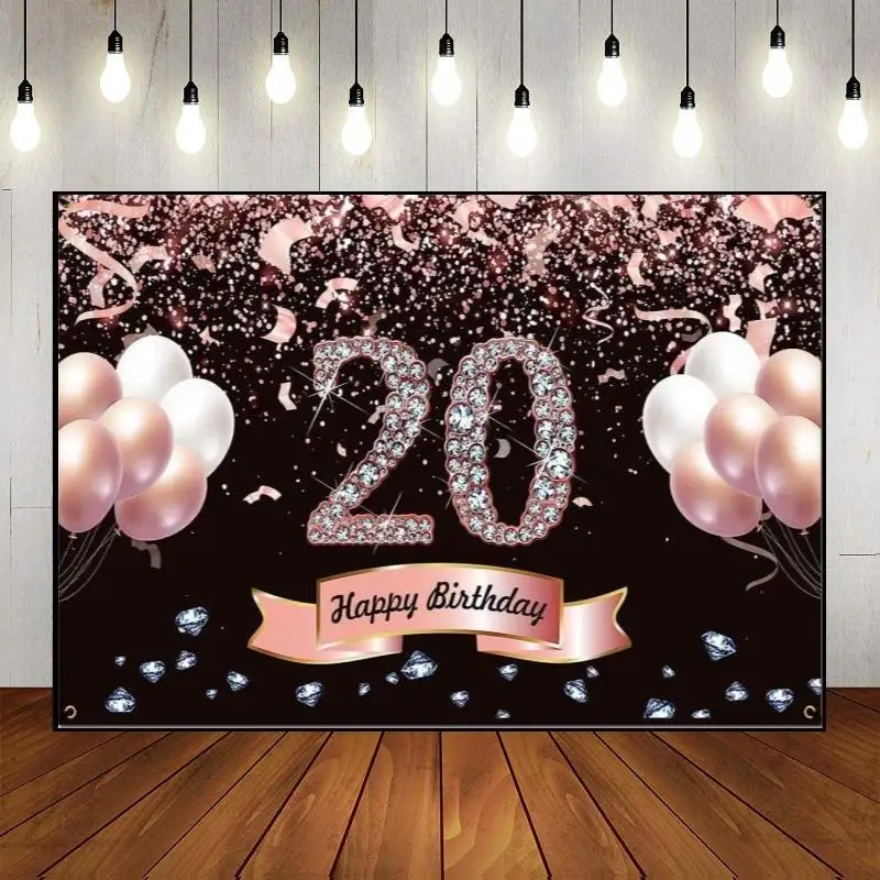 

The Breath of Youth Photography Backdrop Custom Decoration Man Woman Happy 20th Birthday Party Wall 20 Years Golden Banner Photo