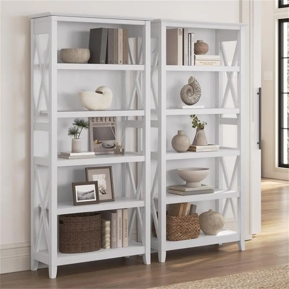 Furniture Key West 5 Shelf Bookcase - Set of 2  Tall Bookshelves in Pure White Oak Sturdy Display Shelves for Library