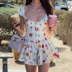 2023 Summer U Collar White Print Flower Sleeveless Bodysuits Women Ruched Ruffles Hem Skirt-shorts Jumpsuit Tank Romper Overalls