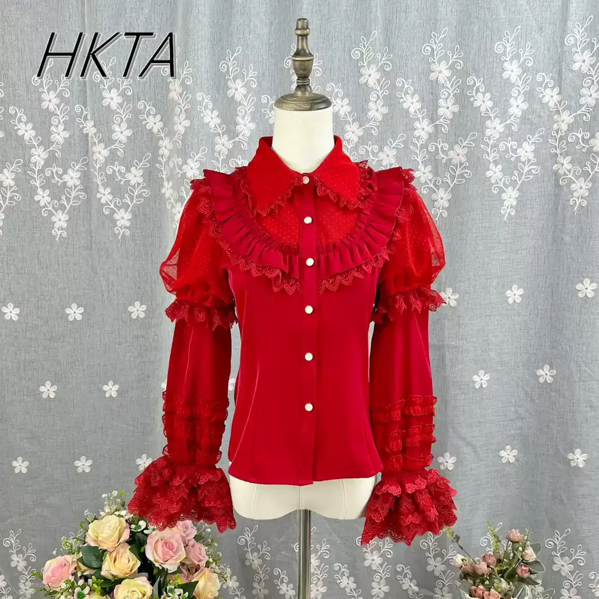 

Kawaii Girls Original Lolita Dress Doll Collar Long-sleeve Shirt Autumn New Christmas Red Inner Slim Top Blouse Removable Sleeve