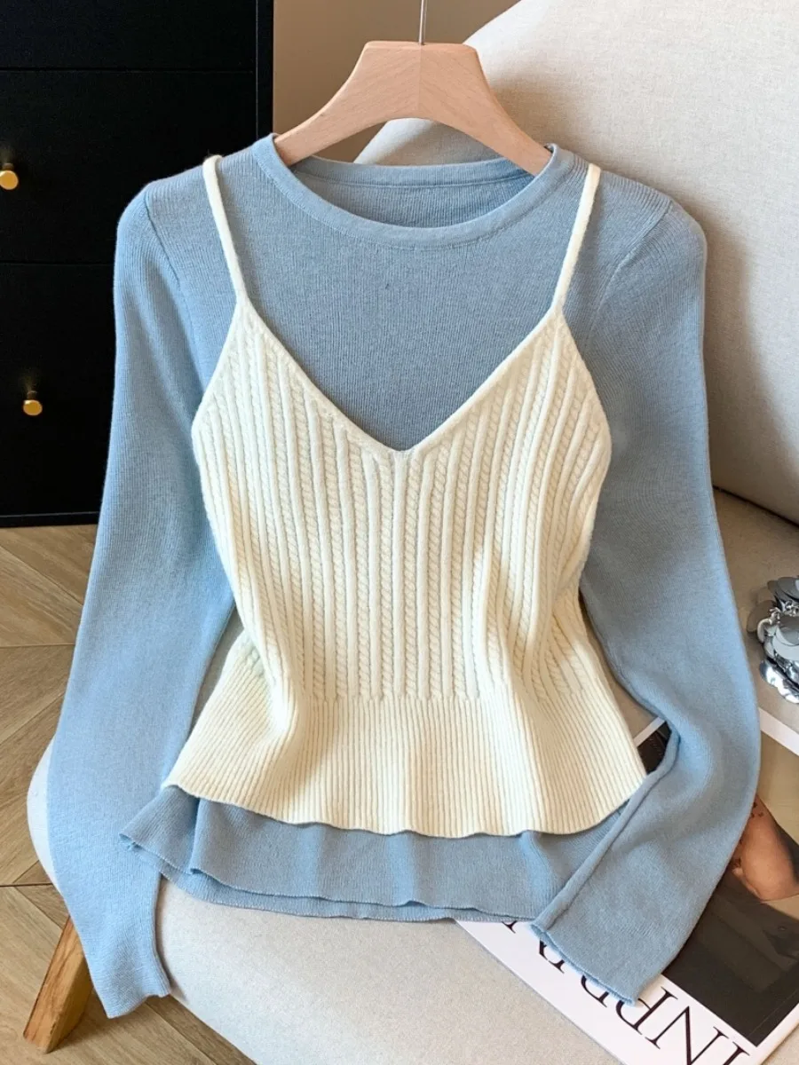 Zachte Lange Sve V-Ne Dames Gebreid Vest En Top Set Koreaanse Sle Pendelen Wollen Tweedelig Pak Herfst collectie