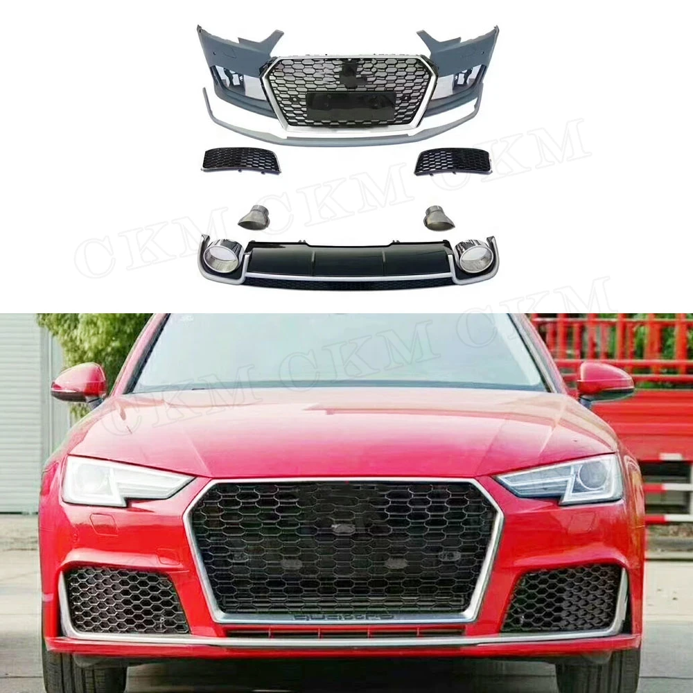 

PP Material Front Bumper Grills Rear Diffuser With Exhaust Tips Racing Car Decoration for Audi A4 B9 RS4 2016 2017 2018