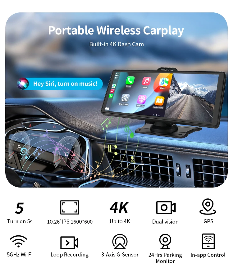 For SUNWAYI 10.26 Inch 4K Dash Cam Carplay & Android Auto Car Stereo Dashboard Video Recording WIFI ADAS Car Accessory