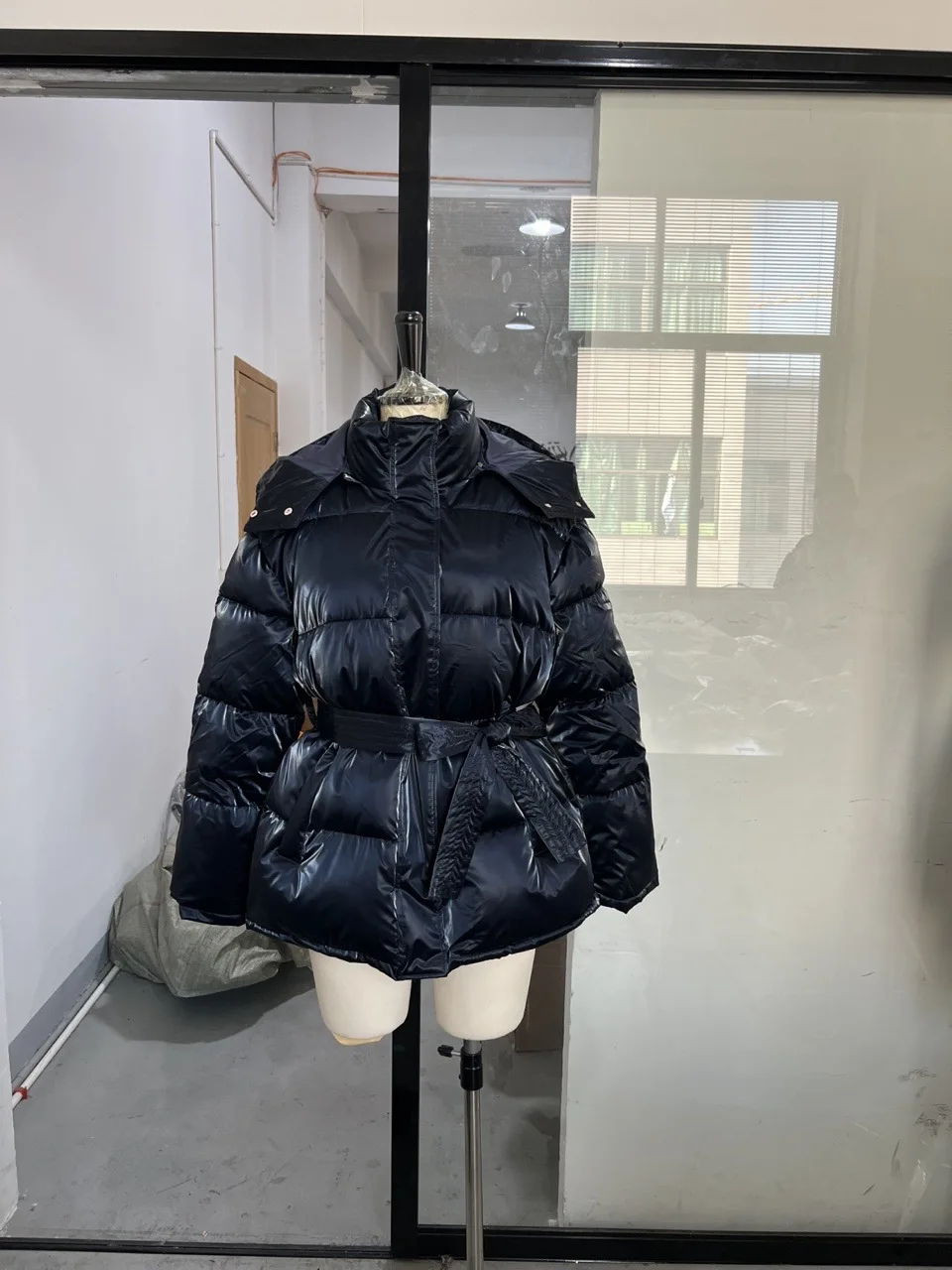 Women's Windproof Warm Padded Cotton Coat - 2026 Shiny Reflective Hooded | Waist Tie Belt Cinched Puffy Jacket for Commute Date