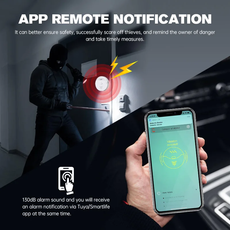 Tuya Smart Burglar مستشعر الباب الزجاجي المنزلق 130Db أمن الوطن مستشعر الباب الاهتزاز نظام إنذار #4