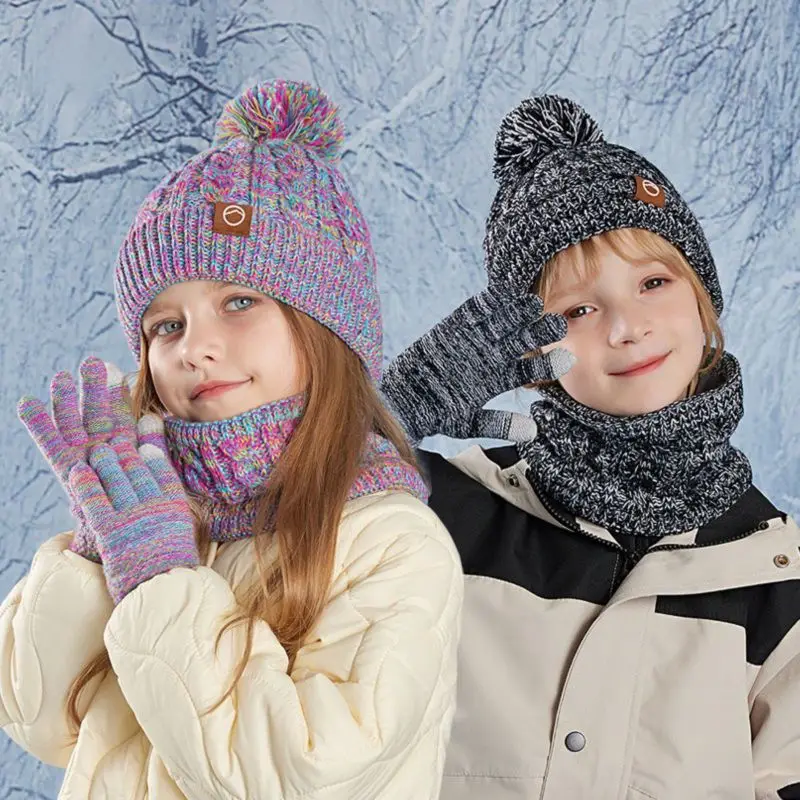 3PCS Winter Kids Beanie Hat Scarf Gloves Plush Lining Warm Children Knitted Hats Set Non Slip Gloves Neck Warmer Windproof Cap