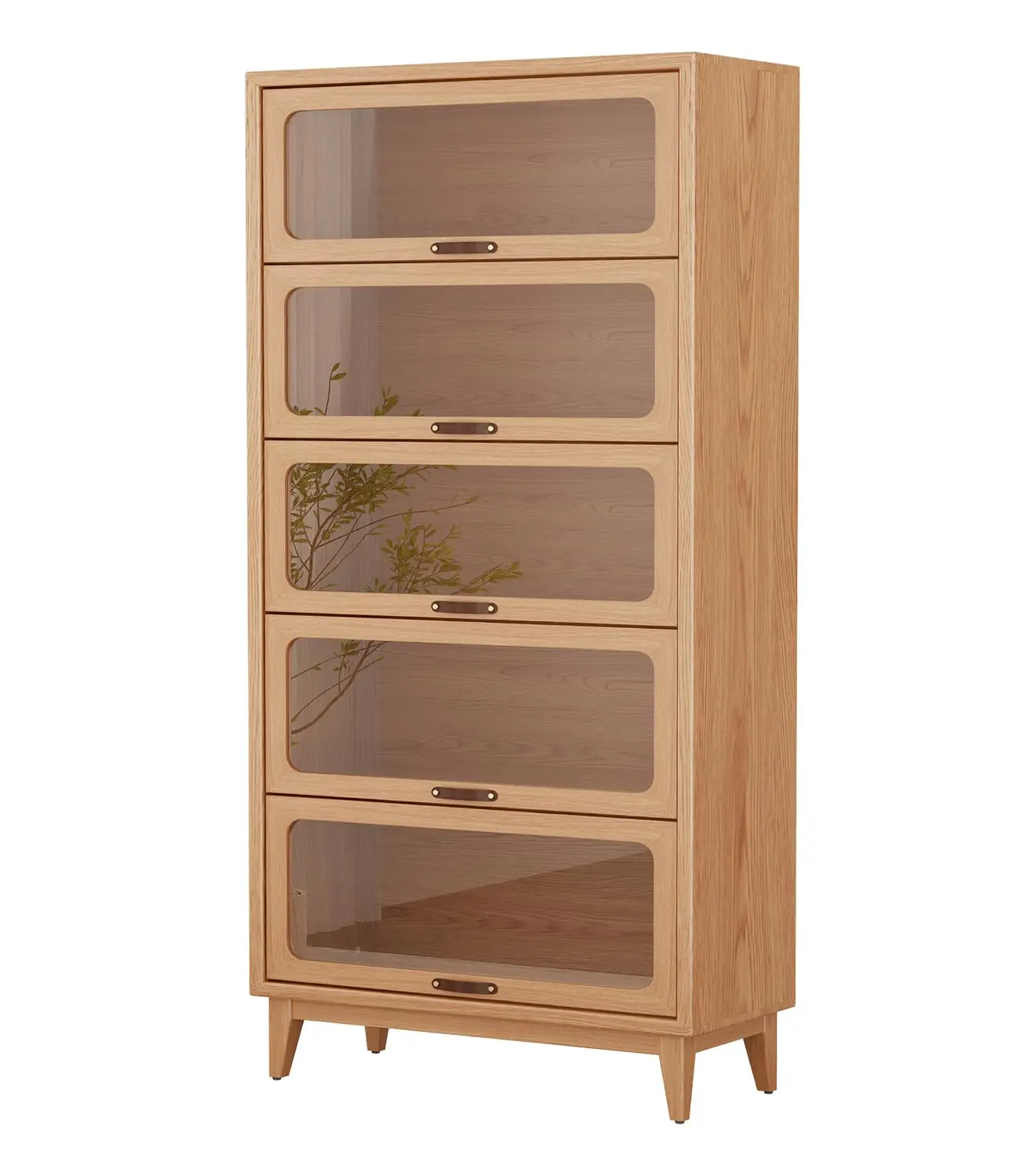 5 Tier Solid Wood Bookcase With Glass Doors 72H/32W/14 Inch Khaki Antique Book Shelf For Home Office, Customized