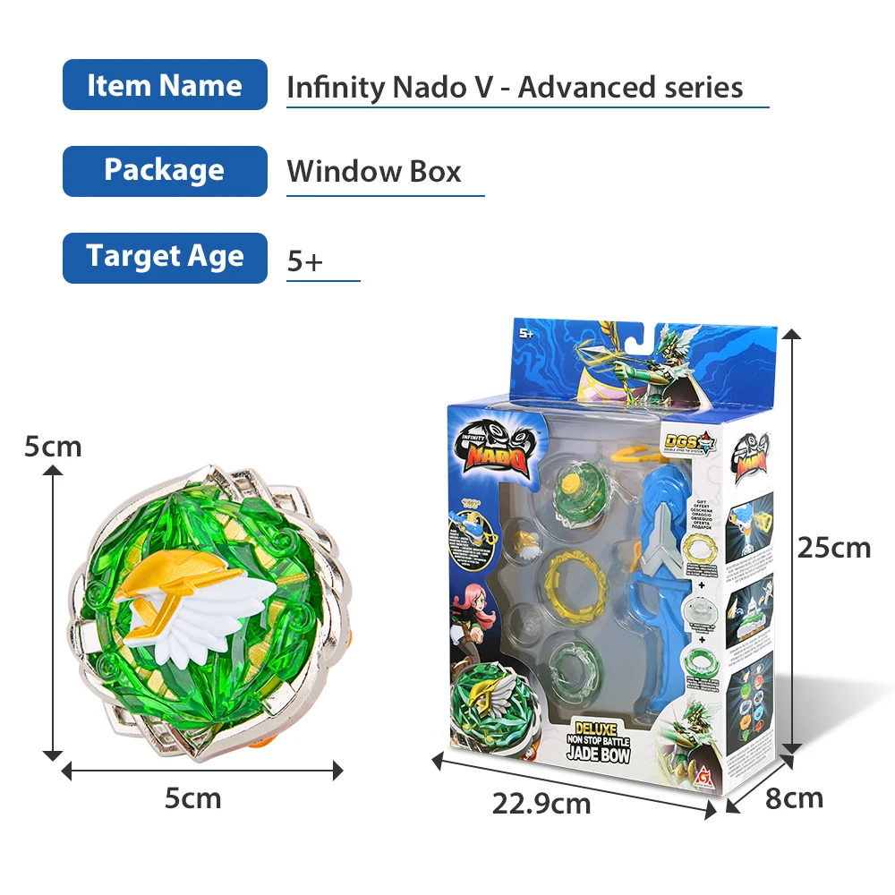 Infinity Nado 5 Deluxe Advanced Series Jade Bow Metal Spinning Top Non Stop Battle Gyro Set With Magnetic Launcher Anime Kid Toy