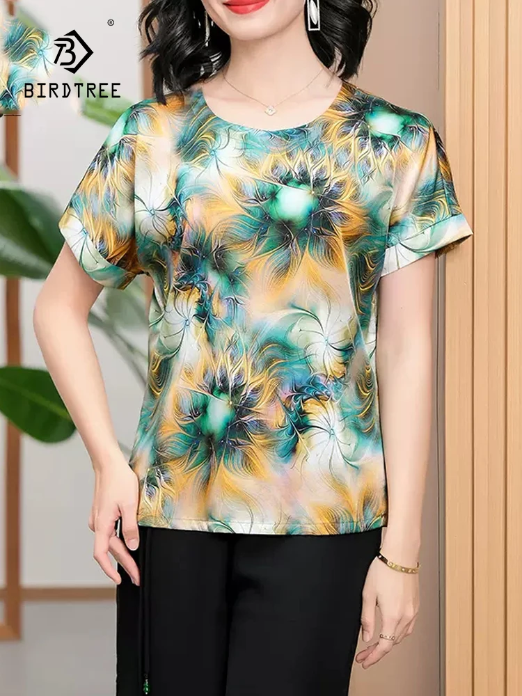 

BirdTree, 91.8%Natural Silk OL T-Shirts, Women O Neck Short Sleeve Floral, Elegant Mom Casual Tees, 2024 Summer Top New T44456QC