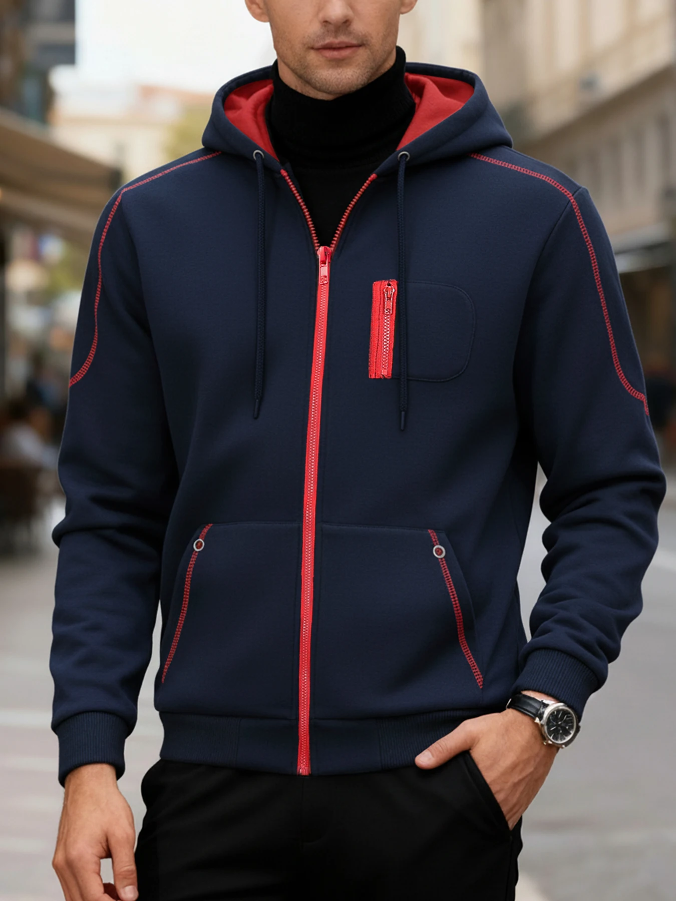 เสื้อแจ็คเก็ตผู้ชายแขนยาวแบบมีฮู้ด สไตล์สปอร์ต ลำลอง สำหรับฤดูใบไม้ผลิและฤดูใบไม้ร่วง มีซิป เหมาะสำหรับกิจกรรมกลางแจ้ง ชุดลำลอง ชุดกีฬา สตรีทแวร์