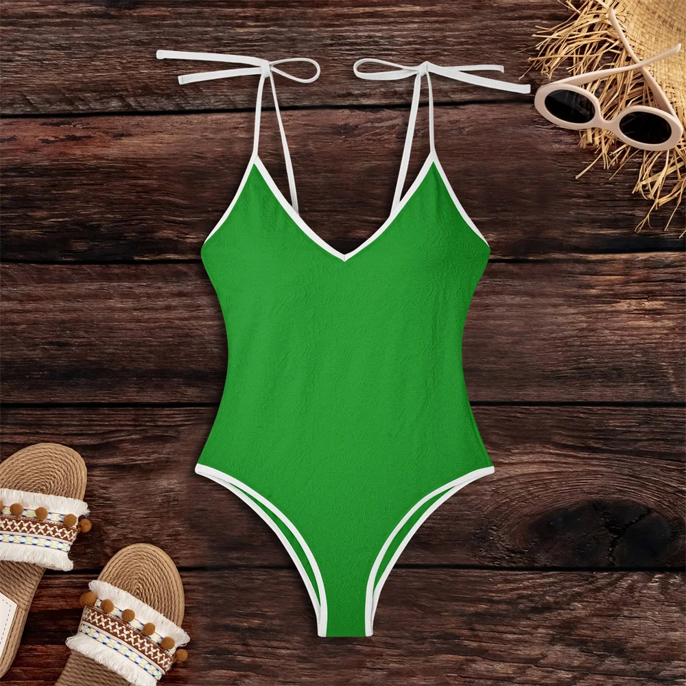 Maiô Monokini de peça única para mulheres, biquíni Jacquard, estilingue bowknot, maiô de praia sexy, fronteira brasileira, maiô decote v