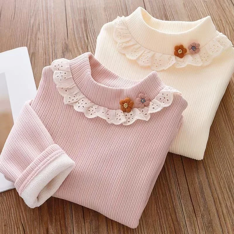 Girls Underlay 2024 New Winter Children's Half High Collar Girl Baby Foreigner Cute Plush Thickened Top Girls' T-shirt Kids