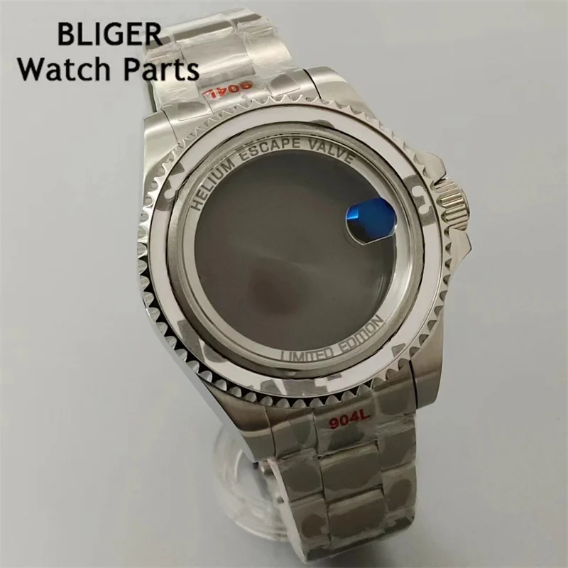 BLIGER 43mm watch case AR sapphire glass 3 o'clock date green/blue green luminous bezel fit NH35 NH34 ETA2824 PT5000 movement