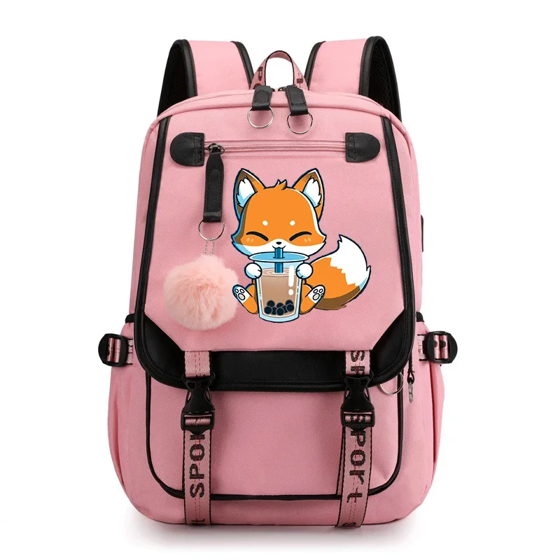 Fox Panda Drink Milk Tea Print Usb Charging Backpacks Girls Cute Boba Tea School Bags Student Fashion Bookbag Teenage Laptop Bag