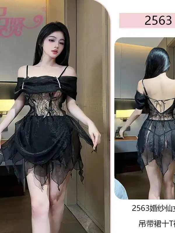 Robe de mariée pour la saint-valentin, jupe bouffante, uniforme Sexy, pyjama Sexy en dentelle et maille transparente, Mini robe coréenne Q1XA
