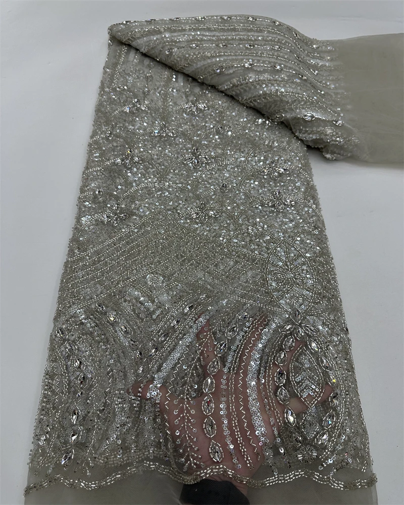 قماش دانتيل تول فرنسي أفريقي فاخر مع خرز ترتر عالي الجودة لفساتين الزفاف النيجيرية 2026 #5