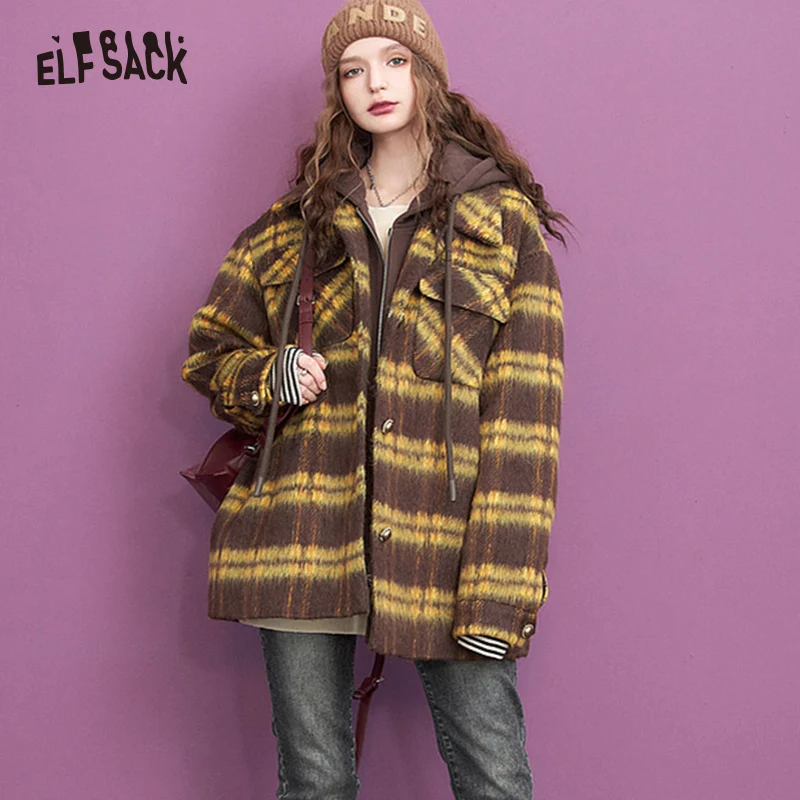 ELFSACK Hooded Vintage Plaid Coats Women 2023 Winter Elegant Casual Outwears