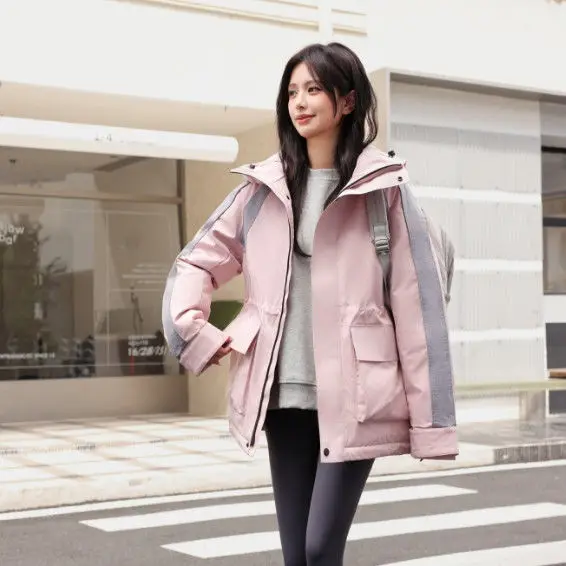 2025 Autumn and Winter New Women's Down Jacket Loose Hooded Splicing Windproof Workwear Jacket