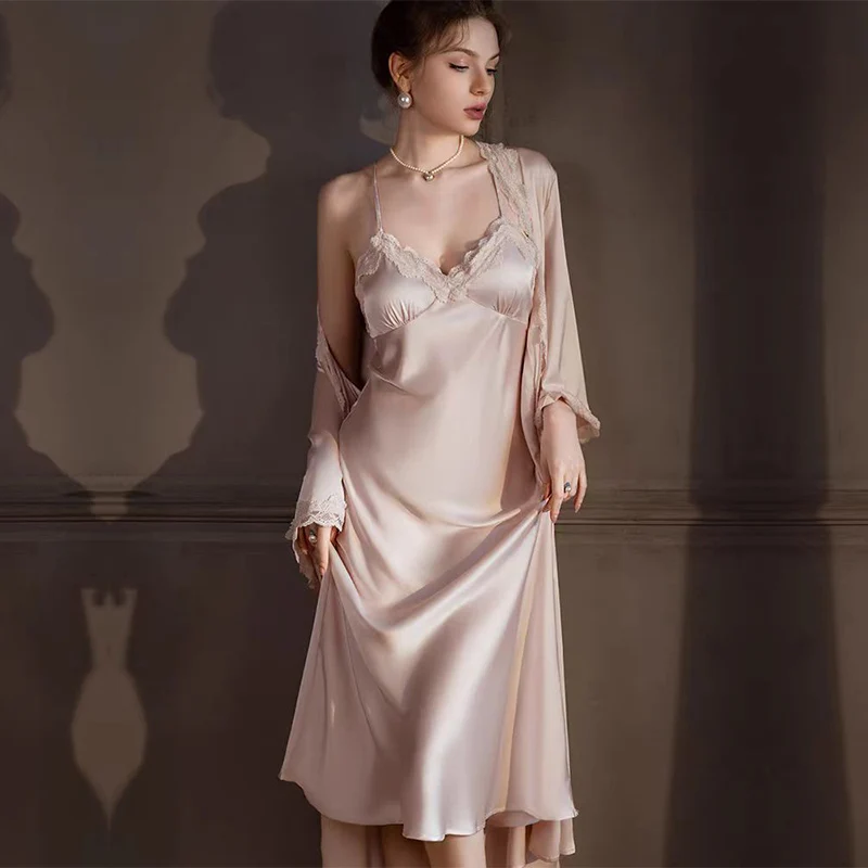 DAIMELU pajamas with chest pads sleepwear set sexy Nightgowns ice silk nightwear lace splicing extended pyjama female nightdress