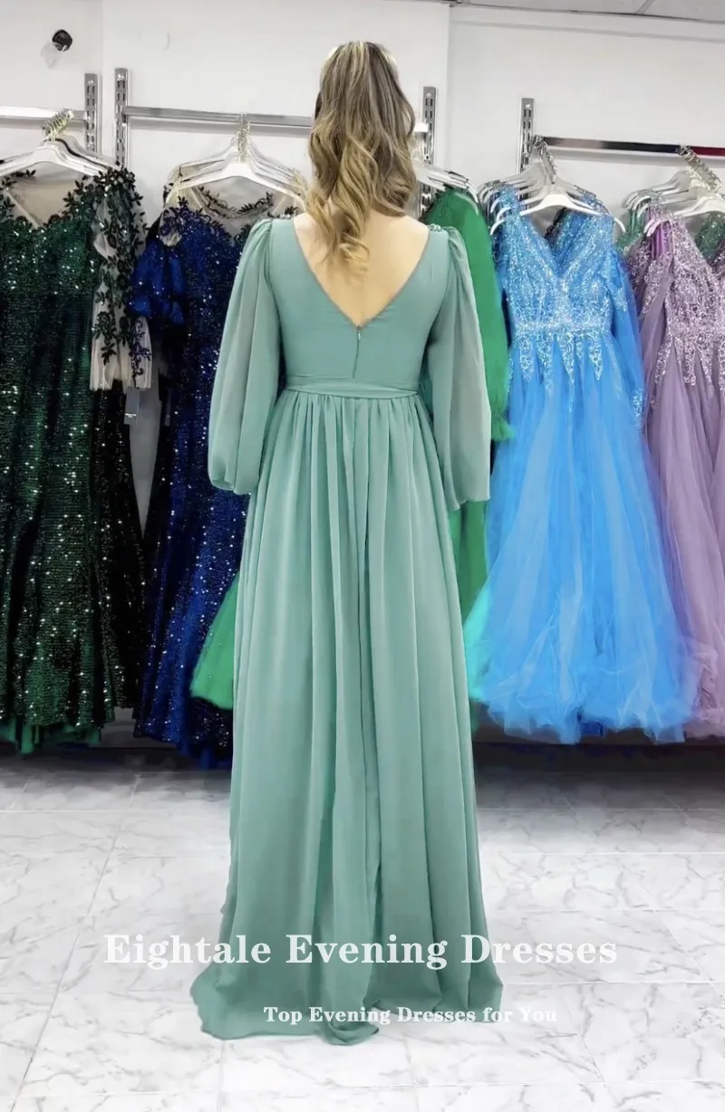 Eightale New in Evening Dress V-Neck Appliques Beaded Long Sleeves Chiffon A-Line Arabic Formal Prom Party Gowns Robes De Soirée