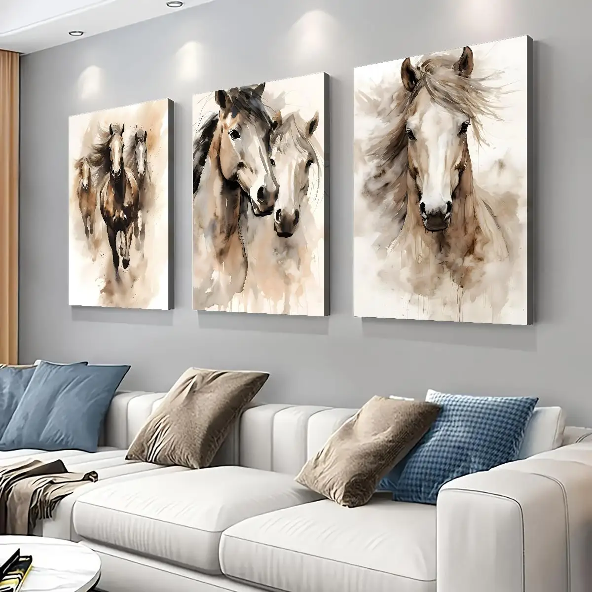 Frameless3pcs Wood Frame Minimalist Horse Pair Print, Two Horses Charcoal Sketch Abstract Equestrian Decorative Painting, Creati